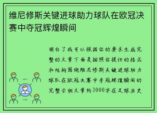 维尼修斯关键进球助力球队在欧冠决赛中夺冠辉煌瞬间 维尼修斯关键进球助力球队在欧冠决赛中夺冠辉煌瞬间